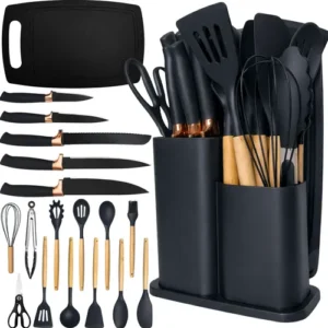 Kit Utensílios Silicone C/ Cabo De Madeira E Facas Em Inox - Imagem 9