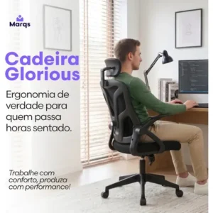 Cadeira De Escritorio Ergonomica Nr17 Glorious Marqs Home Giratoria Resistente Reforçada 180kg Confortavel Reuniao Mesh Preta - Imagem 3