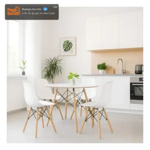 Conjunto Jantar Eames Eiffel Mesa 90cm Branco Com 4 Cadeiras Pés Madeira - Imagem 1