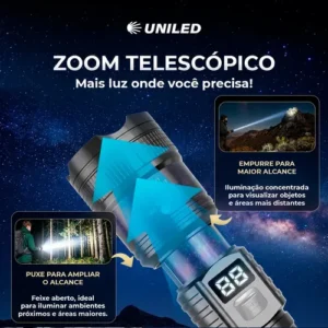 Lanterna Tática Recarregável Atualizada Led Visor Digital Zoom Telescopico ABS 3 Modos Iluminação Uniled - Imagem 8