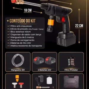 Lavadora Lava Jato Portátil de Alta Pressão Automotiva Sem Fio Hidrolavadora Recarregável com 2 Baterias + Maleta Completa Bivolt Hardline - Imagem 2