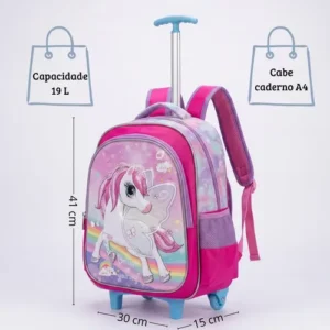 Kit Mochila Unicórnio 3d Rodinha 3 Peças Rosa - Imagem 3
