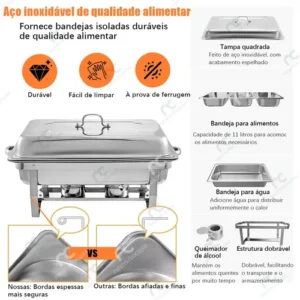 Rechaud Retangular 11l Aço Inox Banho Maria 3 Cubas Fogareir - Imagem 3