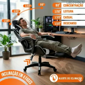 Cadeira de escritório Gamer ergonômica Reclinável Com Apoio dos Pés Branco Led Tools com estofado de couro sintético - Imagem 6