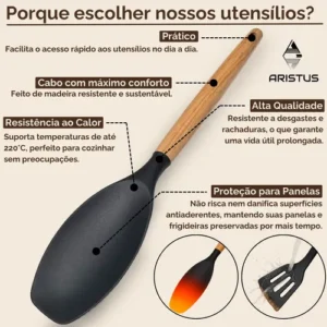 Kit Utensílios Silicone C/ Cabo De Madeira E Facas Em Inox - Imagem 5