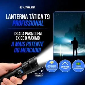 Lanterna Tática Militar T9 Mais Forte do Mundo Led Super Potente Zoom Telescópico Recarregável Aluminio Resistente Água Poeira Sitio Fazenda Uniled - Imagem 3