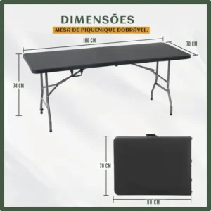 Mesa Dobrável Vira Maleta Com Alça Portátil 1.80m Para Camping Pesca Jardim Área Externa Ou Interna Salão De Festas Gourmet Cor Preto Luvinco - Imagem 9