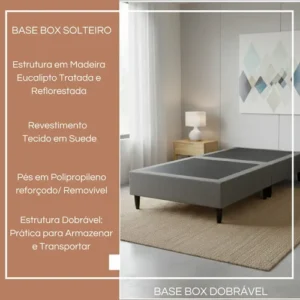 Base Cama Box Solteiro Dobrável Compacta Em Suede No Cinza - Imagem 2