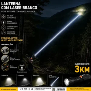Lanterna A Verdadeira Mais Forte Do Mundo Tática Alcance 3km Super Potente Recarregável Led Alta Potência Zoom Telescópico Usb-c Profissional Militar Camping Pesca Trilha Emergência - Imagem 2