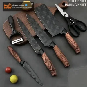 Kit Jogo De Facas Inox Corte Afiado Antiaderente Presente Cor Marrom-escuro - Imagem 1