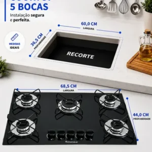 Fogão Cooktop Gás 5 Bocas Ultra Chama 127v/220v Preto - Imagem 3