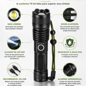 Lanterna Tática Militar T9 Mais Forte Do Mundo Profissional Lanterna Potente Led Mais Forte Do Mundo Acampamento Viajens Caça Camping - Commlite Branco Preto - Imagem 3