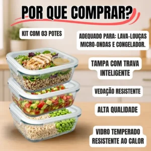 Kit 3 Potes Vidro Hermético Com Tampa Marmita Conjunto Pote - Imagem 4