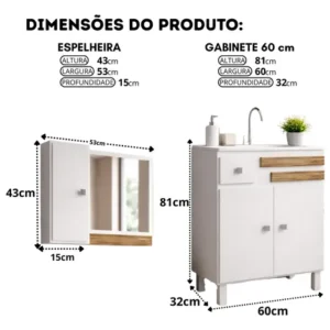 Gabinete Banheiro 60cm Completo Com Cuba E Espelho Monaco - Imagem 7