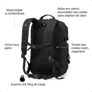 Mochila Tática Militar 50l Bagear Masculina Reforçada Impermeável Ideal Para Trabalho Viagem Camping Caça Pesca Com 2 Patch Bandeira Brasil Eua Cor Preta - Imagem 9