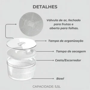 Conjunto Secador e Organizador De Salada De Geladeira Centrífuga Secador 5.5L - Imagem 7