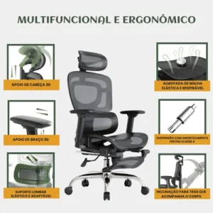 Cadeira De Escritório Ergonômica Mônaco Bt07 Luvinco Malha Respirável Com Suporte Lombar Adaptável Apoio Para Pés Retrátil Encosto Ajustável Seis Posições Cor Preta Suporta 200kg - Imagem 5