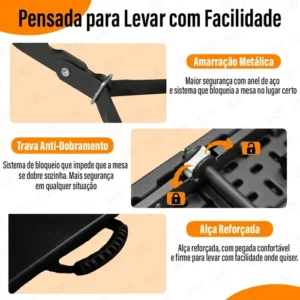 Yab - Mesa Dobrável 1,80 M Vira Maleta C/ Alça Resistente Camping Praia Premium Área Externa/interna 180cm Portátil - Cor Preto Amadeirado - Imagem 4