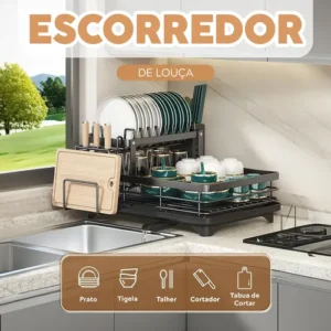 Escorredor De Louça Secador De Pratos Cozinha Aço Inox Preto 2 Andar Porta Talher Tigela E Copos Brielli Home - Imagem 4