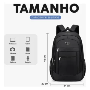 Mochila Masculina Impermeável Faculdade Alça Reforçada Preto - Imagem 3