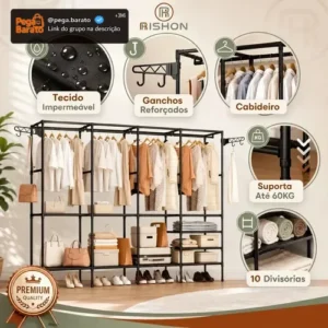 Guarda Roupa Dobravel Closet Aberto Organizador De Roupas Desmontavel E Arara Organizadora 4 Colunas Em Aço Resistente Rishon - Imagem 1