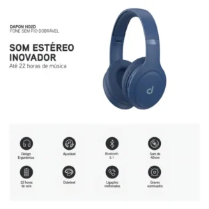 Fone De Ouvido Headphone Dapon H02d Bluetooth 5.1 Over-ear 22 Horas De Bateria Cor Azul - Imagem 5