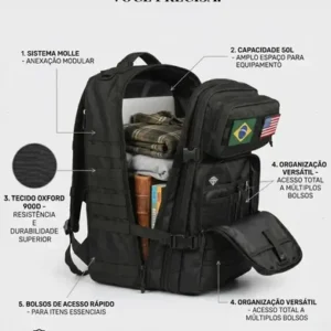 Mochila Tática Militar 50l Bagear Masculina Reforçada Impermeável Ideal Para Trabalho Viagem Camping Caça Pesca Com 2 Patch Bandeira Brasil Eua Cor Preta - Imagem 5