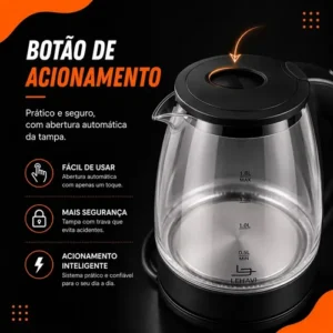 Chaleira Elétrica de Vidro 1,8 Litros Aquecimento Rápido Desligamento Automático Jarra Transparente Resistente Tampa de Fácil Abertura Ideal para Café Chá Leite e Bebidas Quentes Hold On - Imagem 9