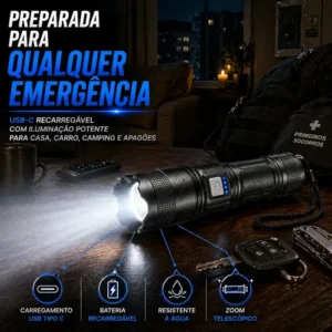 Lanterna Militar Tatica LED CREE Mais Forte do Mundo Ultra Potente 1Km Zoom Alto Brilho Resistente Agua Sitio Fazenda Brielli Home - Imagem 7