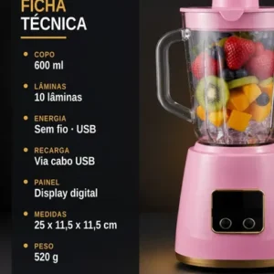 Mini Liquidificador Portatil Sem Fio 10 Laminas 600ml - Imagem 4