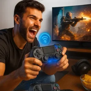 Controle Sem Fio Bluetooth Para Ps4 Videogame Joystick Tv Samsung Pc P4 Ps 4 Dual Shock Manete Pc Gamer Controle Bluetooth Tv Smart Sem Fio Celular Headset Com P2 Cor Preto - Marca REDFIN - Imagem 7