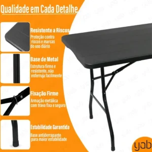 Yab - Mesa Dobrável 1,80 M Vira Maleta C/ Alça Resistente Camping Praia Premium Área Externa/interna 180cm Portátil - Cor Preto Amadeirado - Imagem 2