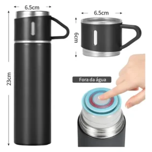 Caneca Kit Garrafa Térmica Vacuum Bottle Inox 500ml + 3 Xíca - Imagem 9
