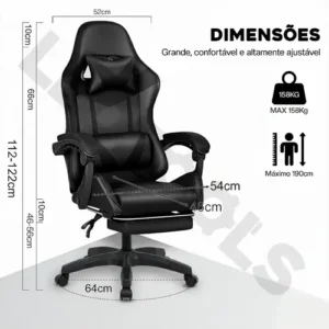 Cadeira Gamer Jogos Escritório Ergonômica Giratória 360 Luxo Cor Preto - Imagem 6