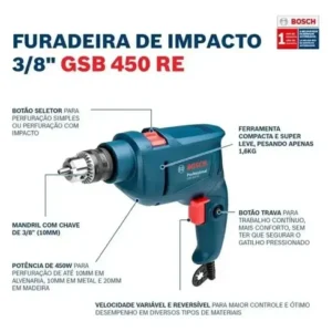 Furadeira Industrial Impacto Rev 450w Gsb 450 Re Bosch + Kit - Imagem 6