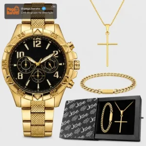 Relogio Banhado Masculino + Cordao Grumet + Caixa Pulseira - Imagem 1