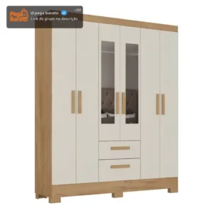 Guarda Roupa Casal Com Espelho 6 Portas Fortaleza Atualle Cor Canelato Rustico Com Off White - Imagem 1