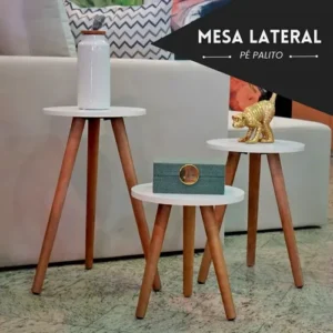 Kit Trio De Mesas Lateral Redonda Sala Pe Palito Retro - Imagem 5