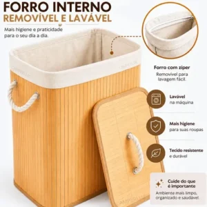 Cesto Organizador De Roupa Bambu Dobrável Retangular Com Tampa Forro e Alças 72 Litros Grande Capacidade Reforçado Caixa Organizadora para Brinquedos - Marca Camperluz - Imagem 9