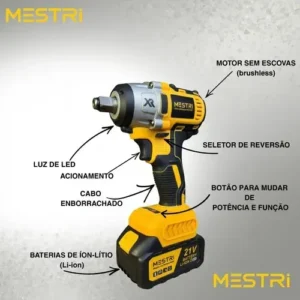 Chave De Impacto e Parafusadeira A Bateria 21v 4ah 3 em 1 Brushless Amarelo 50hz/60hz Sem Escova 2 Baterias Recarregável Bivolt MESTRI - Imagem 4