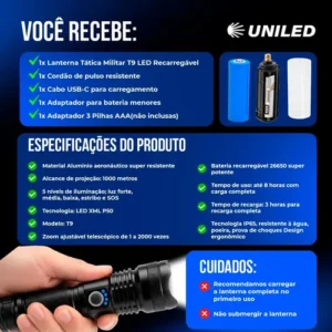 Lanterna Tática Militar T9 Mais Forte do Mundo Led Super Potente Zoom Telescópico Recarregável Aluminio Resistente Água Poeira Sitio Fazenda Uniled - Imagem 9
