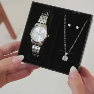 Kit Relógio Colar E Brincos Ponto De Luz Feminino Luxo Silver Saint Germain Presente Original Joias Prata Elegante Clássico 28mm - Imagem 3