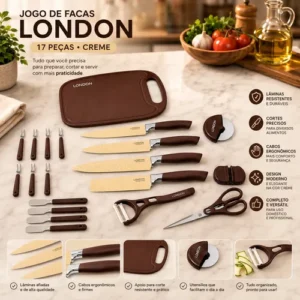 Kit Completo Facas London 17 Peças Faqueiro Tábua Acessórios - Imagem 2