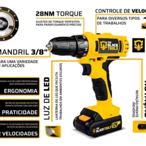 Furadeira Parafusadeira Sem Fio A Bateria Tb-12e 12v 3/8 10mm Com Maleta E Acessórios The Black Tools - Imagem 9