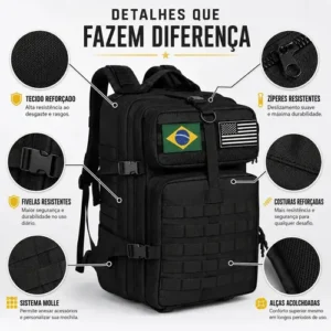 Mochila Tática Militar 50l Bagear Masculina Reforçada Impermeável Ideal Para Trabalho Viagem Camping Caça Pesca Com 2 Patch Bandeira Brasil Eua Cor Preta - Imagem 3