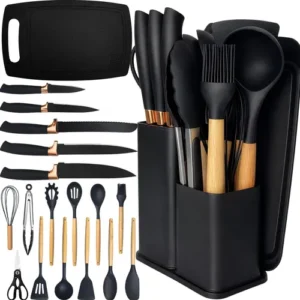 Kit Utensílios Silicone C/ Cabo De Madeira E Facas Em Inox - Imagem 2