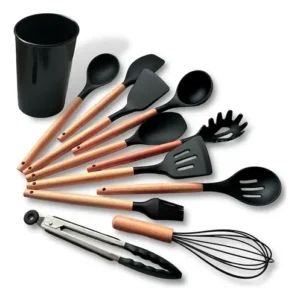 Kit C/12 Utensílios De Cozinha Silicone Cabo Madeira - Imagem 2