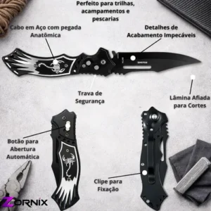 Canivete Automático Escorpião ZORNIX Aço Inox, Dobrável, Lâmina 9cm, Trava de Segurança, Clip de Bolso, Compacto, Camping e Pesca Resistente para trilhas - Imagem 2