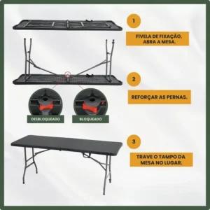 Mesa Dobrável Vira Maleta Com Alça Portátil 1.80m Para Camping Pesca Jardim Área Externa Ou Interna Salão De Festas Gourmet Cor Preto Luvinco - Imagem 7