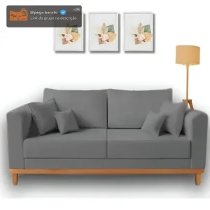 Sofá living beny leonardi estofados retrô 1,80mt 3lug linho com base e pés de madeira cor grafite - Imagem 1